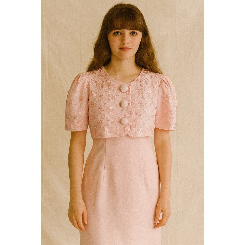 Vintage 80s 90s pink 2 piece set dress embroidered eyelet S cottage linen party